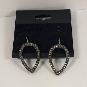 Leaf Teardrop Black Tone Rhinestone Earrings Marked KOR Whimsigoth Modern